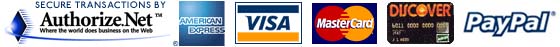 Authorize.net secured transactions - American Express, Visa, MasterCard, Discover, Paypal