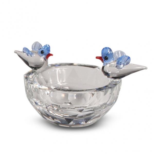 Blue Bird Couple on Crystal Birdbath