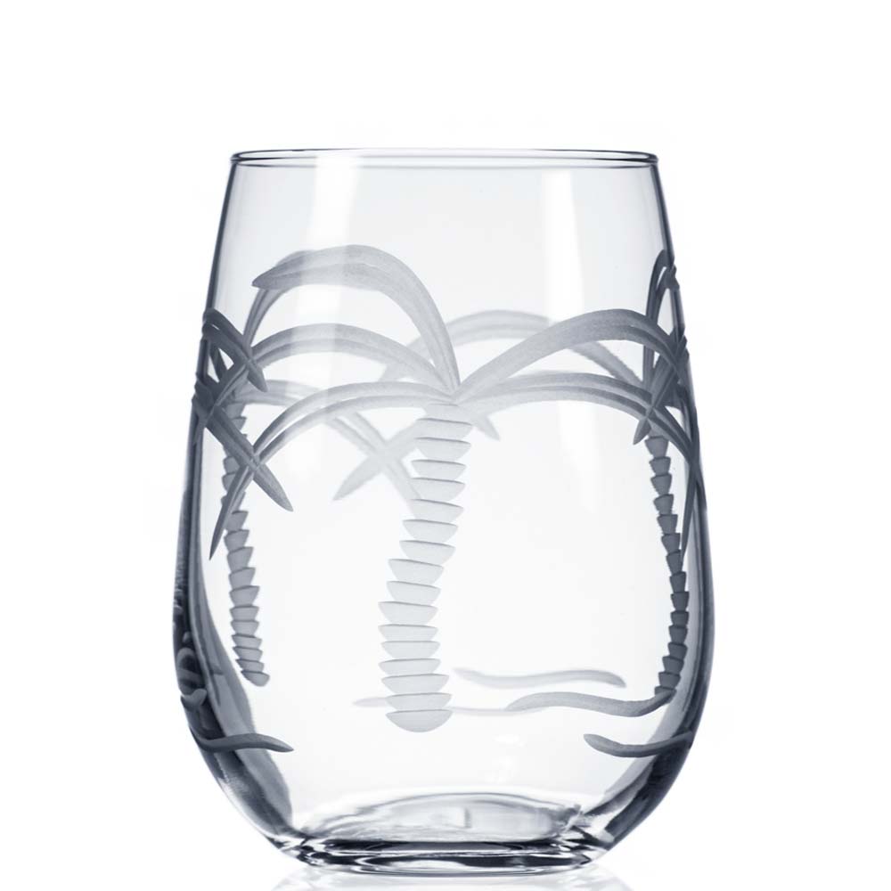 Rolf Glass Palm Tree Stemless Wine Glass Tumblers 17 oz. (Set of 4)