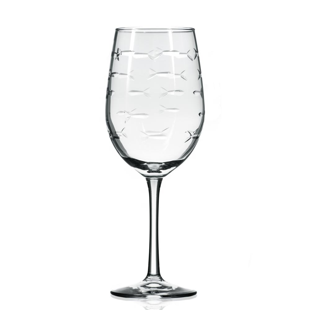 School of Fish Etched on 12 oz. White Wine Glasses by Rolf Glass and made in Mt. Pleasant USA