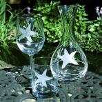 Rolf Glass Etched Starfish Wine Glass, Double Old Fashion and Decanter together in a real life image.