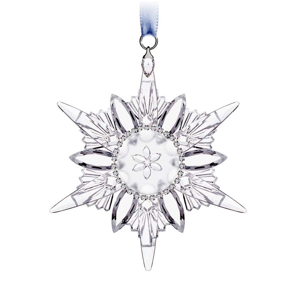 Preciosa 2022 Annual Christmas Ornament. 2022 tag install on satin light blue ribbon designating year of the ornament. Beautiful Christmas tree ornament.