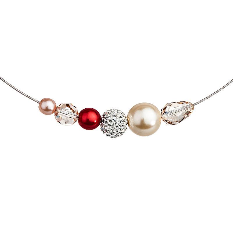 Preciosa Mixed  Pearl and Crystal bead Necklace, White-Red